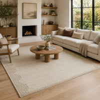 Emery Table-Tufted Large Rug with Stepped Border, Brown-Beige Wool 8x10