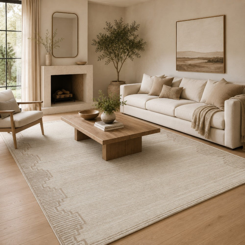 Emery Table-Tufted Large Rug with Stepped Border, Brown-Beige Wool 8x10