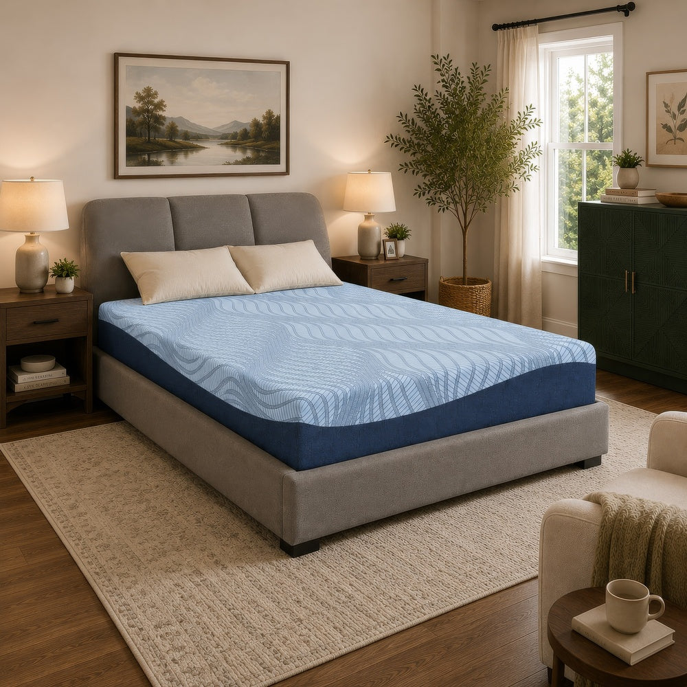 Pmy Queen Mattress with Memory Foam, Firm Support, Light Blue Fabric 12 Inch-BM352947