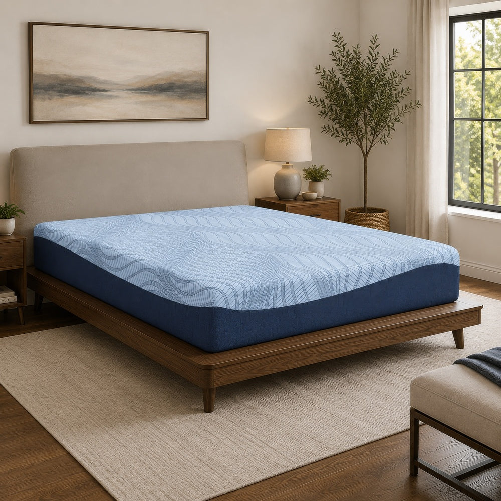 Pmy Queen Mattress with Memory Foam, Firm Support, Light Blue Fabric 12 Inch-BM352947
