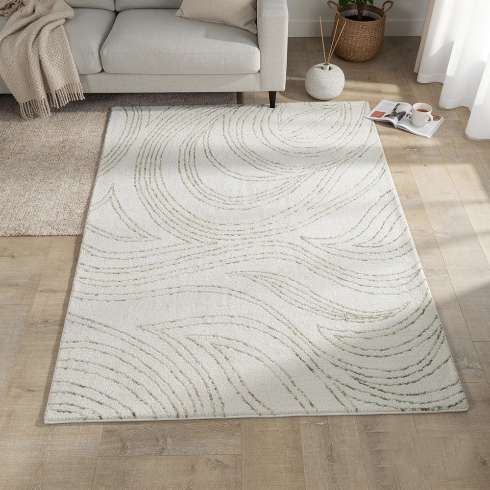 Delma Abstract Large Rug, Green-Brown Organic Flow Pattern, Ivory Wool 8x10