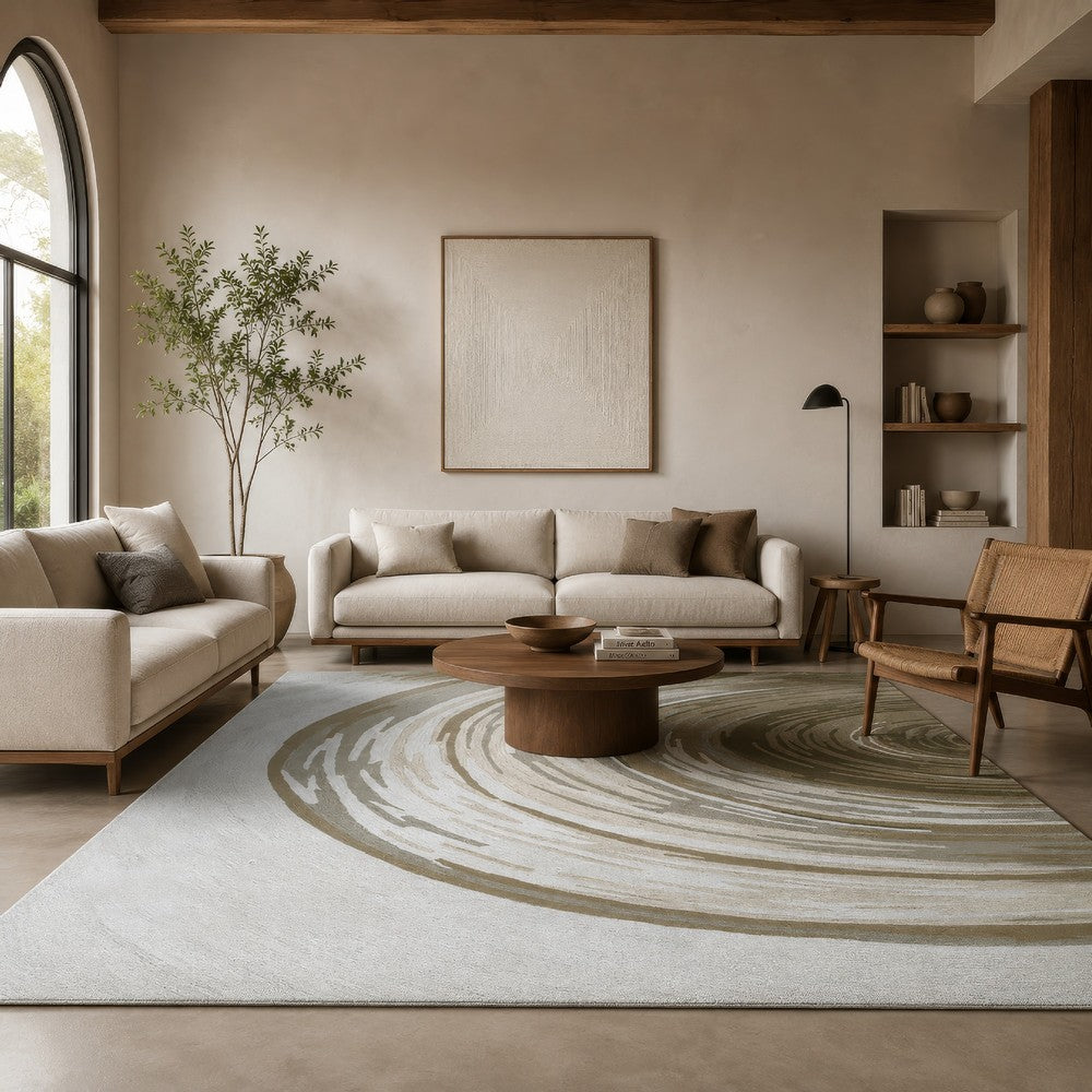 Rizzy Large Area Rug, Brown-Gray Abstract Ripple Patterns, Ivory Wool 8x10