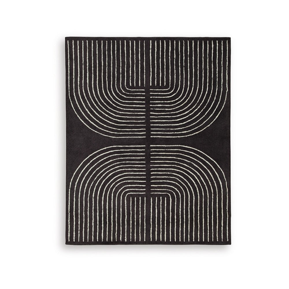 Edon Large Area Rug with Ivory Geometric Statement Design, Black Wool 8x10