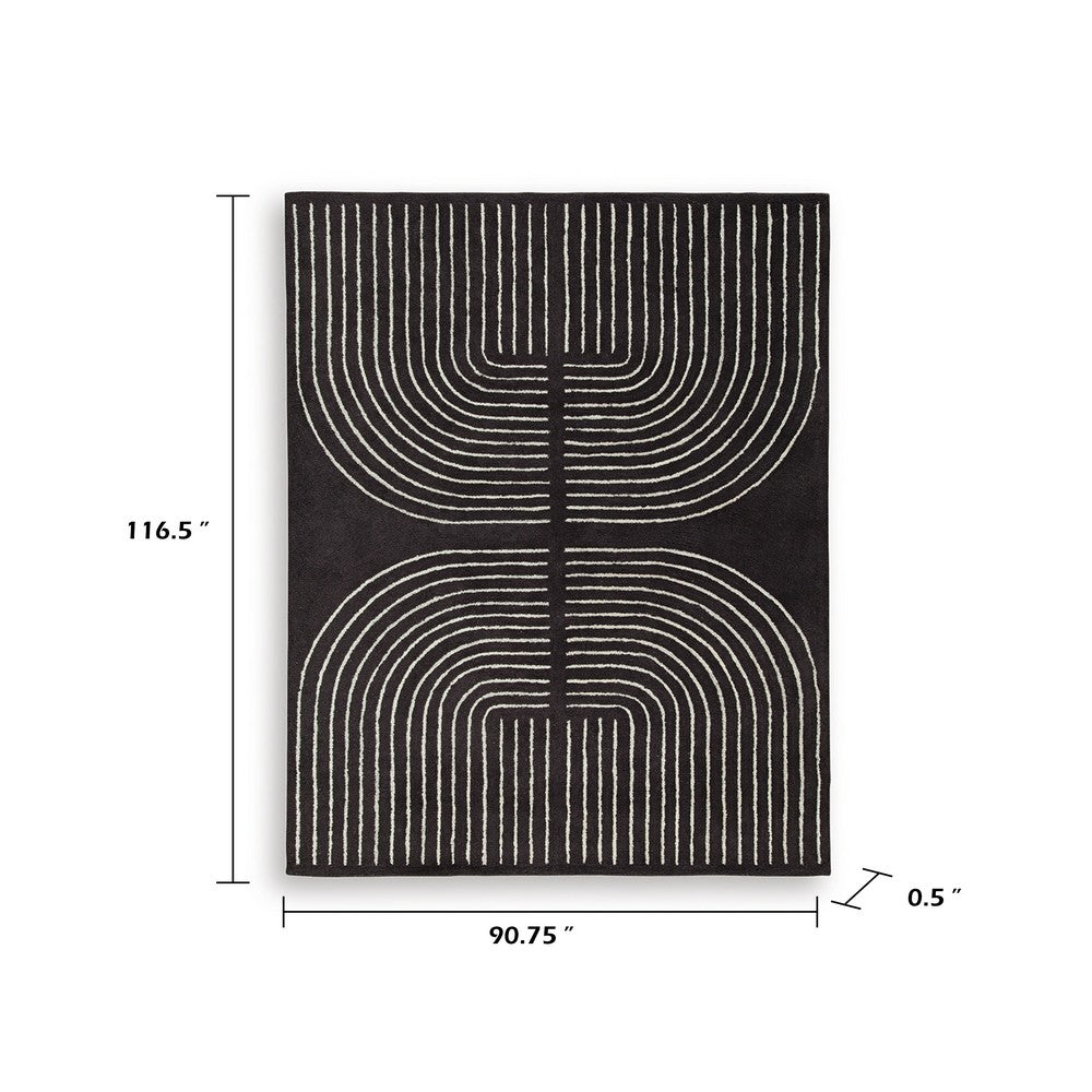 Edon Large Area Rug with Ivory Geometric Statement Design, Black Wool 8x10