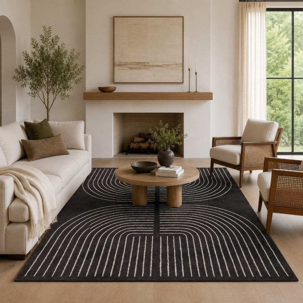 Edon Large Area Rug with Ivory Geometric Statement Design, Black Wool 8x10