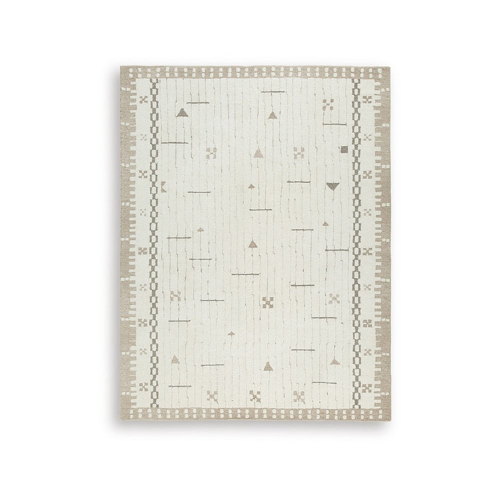 Dotty Hand-Tufted Large Area Rug, Bordered and Geometric Design, Cream Wool 8x10