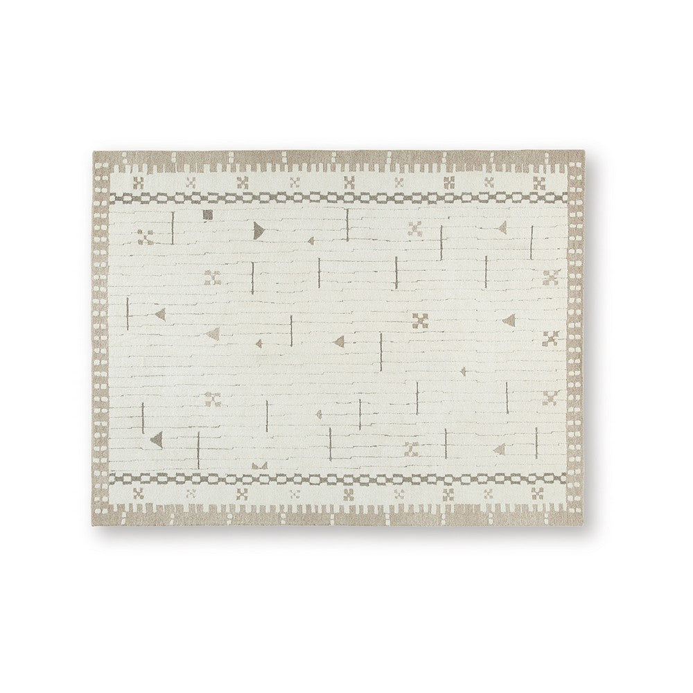 Dotty Hand-Tufted Large Area Rug, Bordered and Geometric Design, Cream Wool 8x10