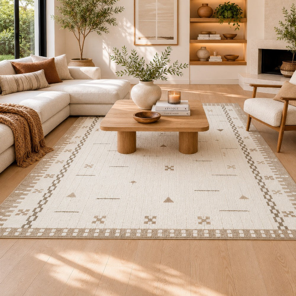 Dotty Hand-Tufted Large Area Rug, Bordered and Geometric Design, Cream Wool 8x10