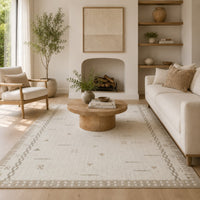 Dotty Hand-Tufted Large Area Rug, Bordered and Geometric Design, Cream Wool 8x10