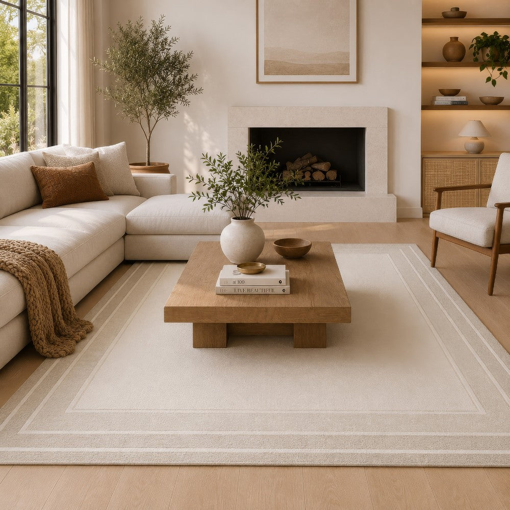 Teena Hand-Tufted Large Area Rug with Bordered Design, Ivory-Tan Wool 8x10