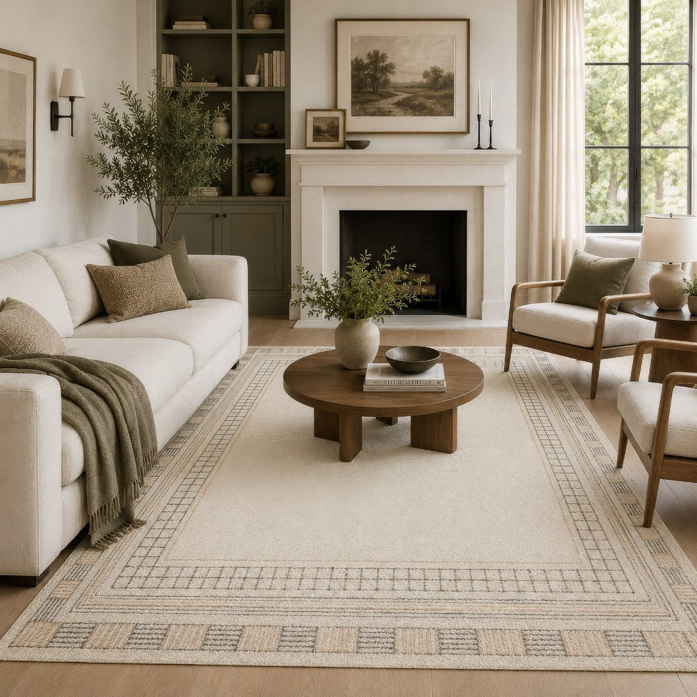 Teena Hand-Tufted Large Area Rug with Bordered Design, Ivory-Tan Wool 8x10