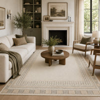 Teena Hand-Tufted Large Area Rug with Bordered Design, Ivory-Tan Wool 8x10