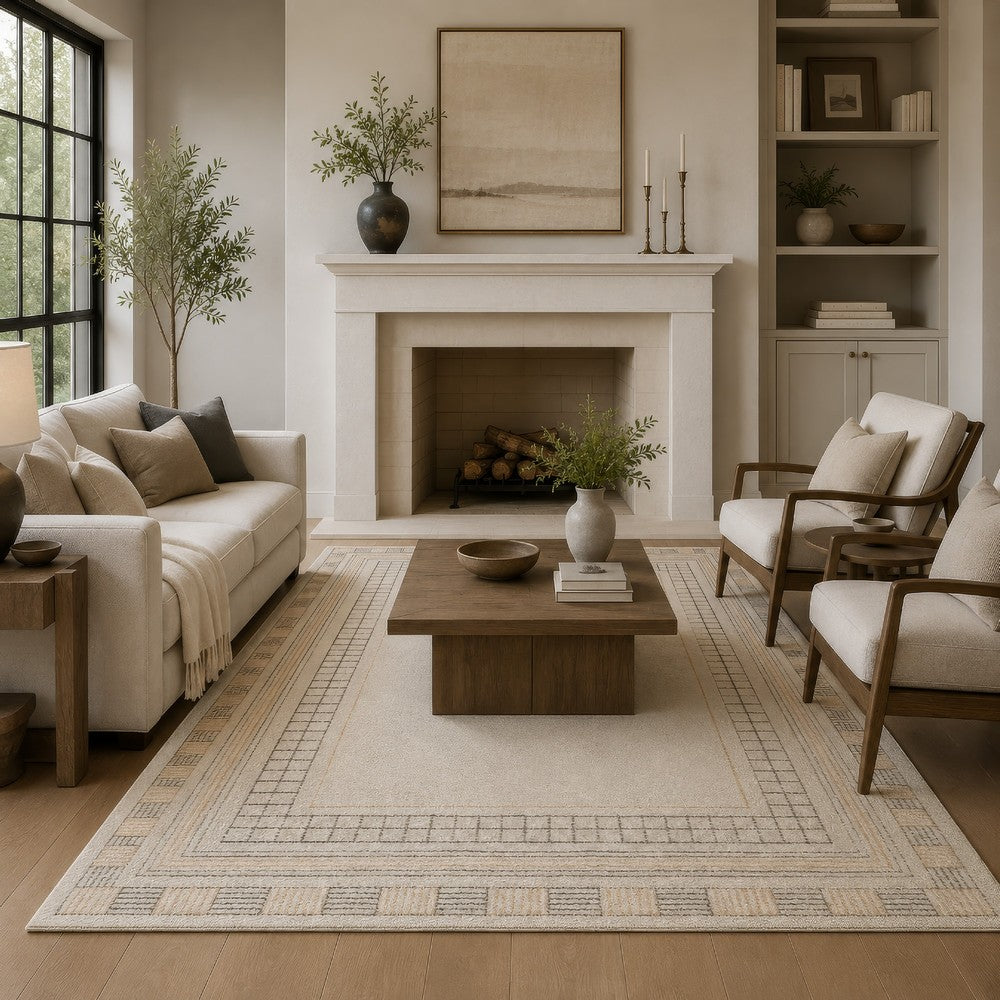 Adam Large Rug with Border Design, Jute and Wool, Brown-Taupe 8x10