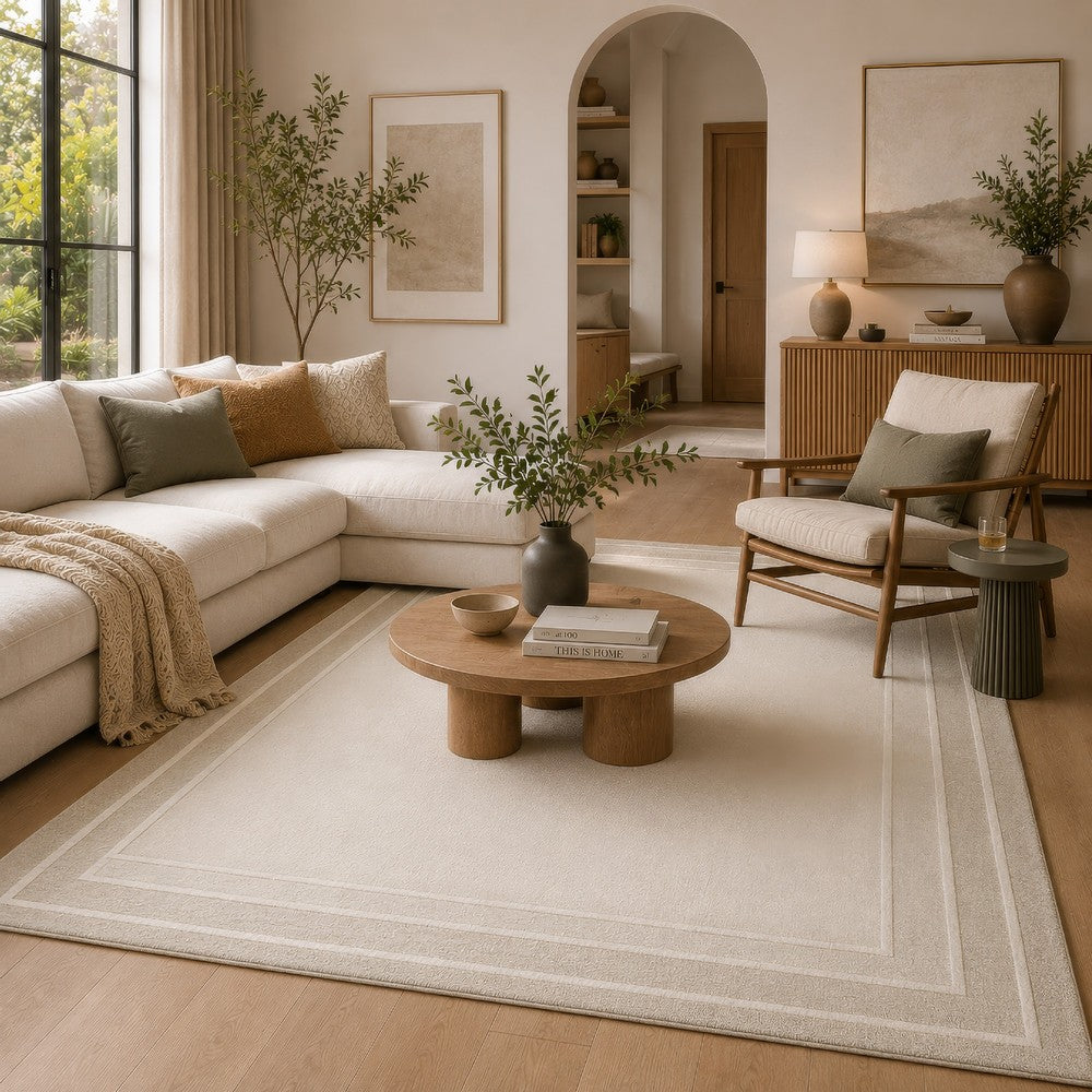 Adam Large Rug with Border Design, Jute and Wool, Brown-Taupe 8x10