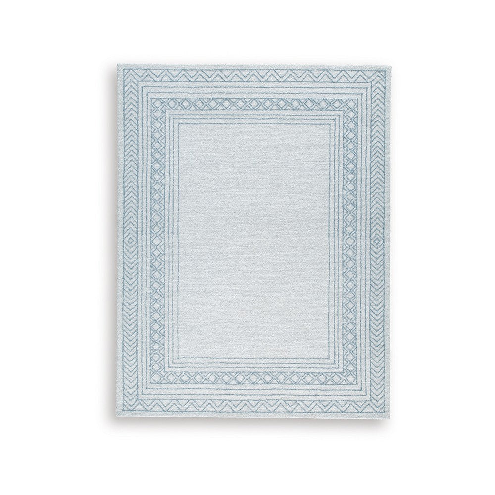 Hazel Hand-Tufted Large Area Rug, Chevron-Diamond Motifs, Blue-Ivory Wool 8x10
