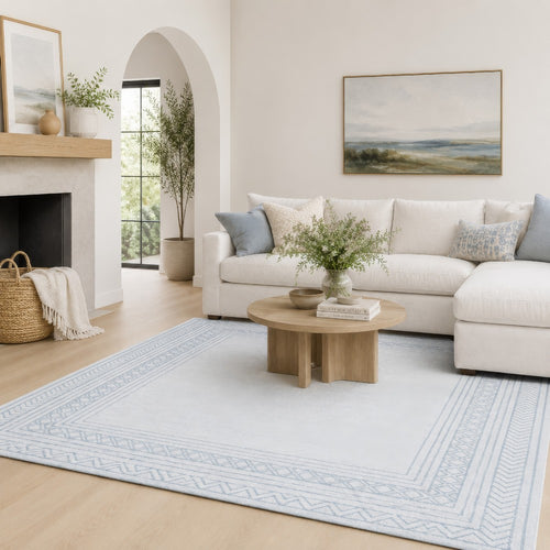 Hazel Hand-Tufted Large Area Rug, Chevron-Diamond Motifs, Blue-Ivory Wool 8x10