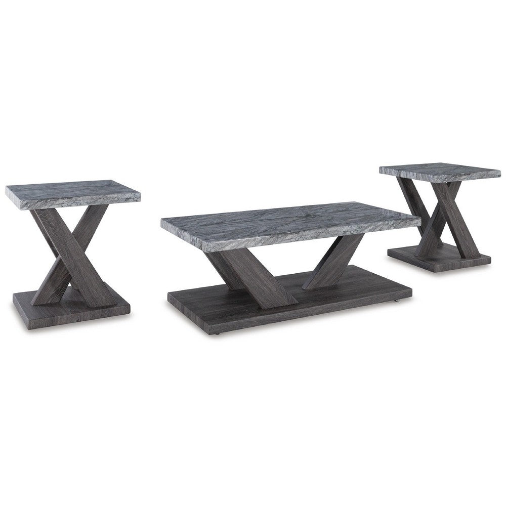 Brenda 3Pc Coffee Table Set with Casters, Faux Marble Top, Gray Wood