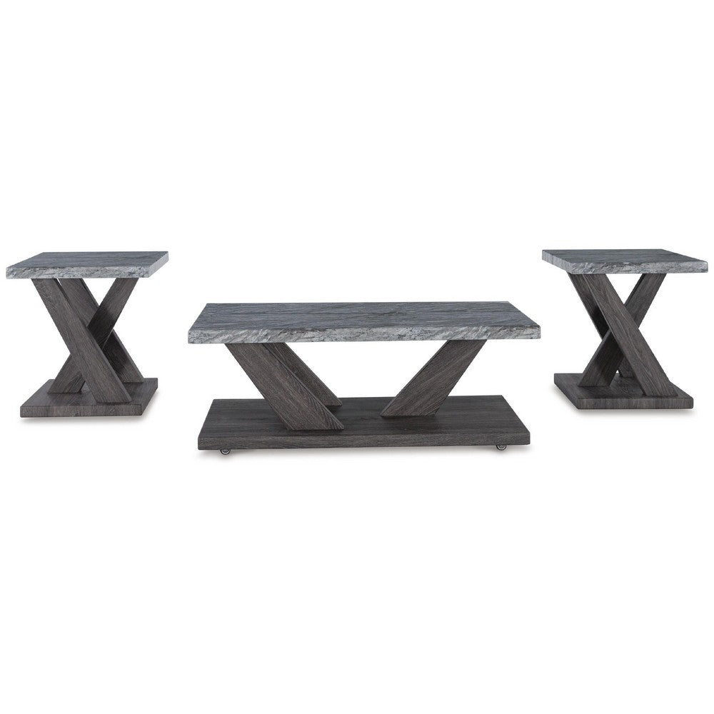 Brenda 3Pc Coffee Table Set with Casters, Faux Marble Top, Gray Wood