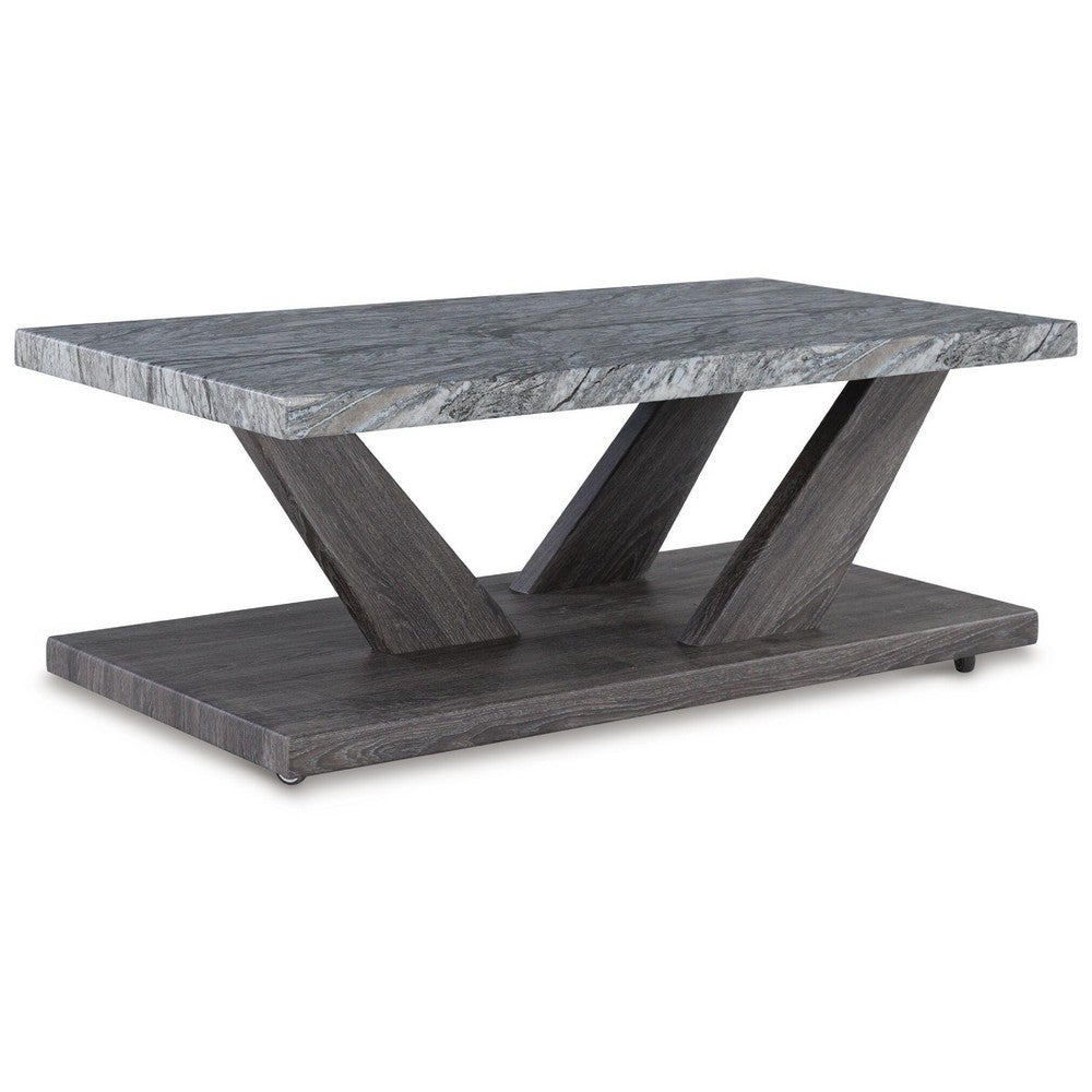 Brenda 3Pc Coffee Table Set with Casters, Faux Marble Top, Gray Wood