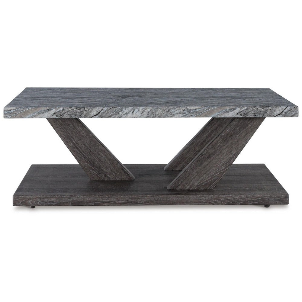 Brenda 3Pc Coffee Table Set with Casters, Faux Marble Top, Gray Wood