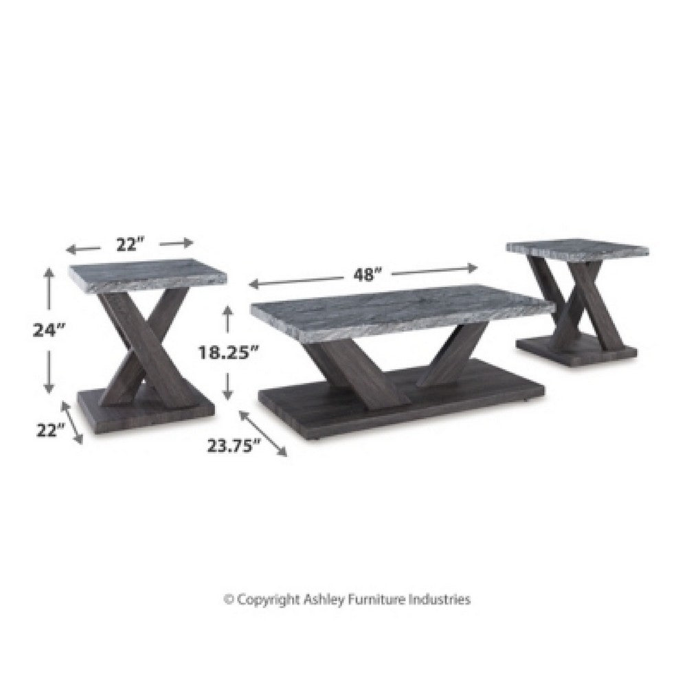 Brenda 3Pc Coffee Table Set with Casters, Faux Marble Top, Gray Wood