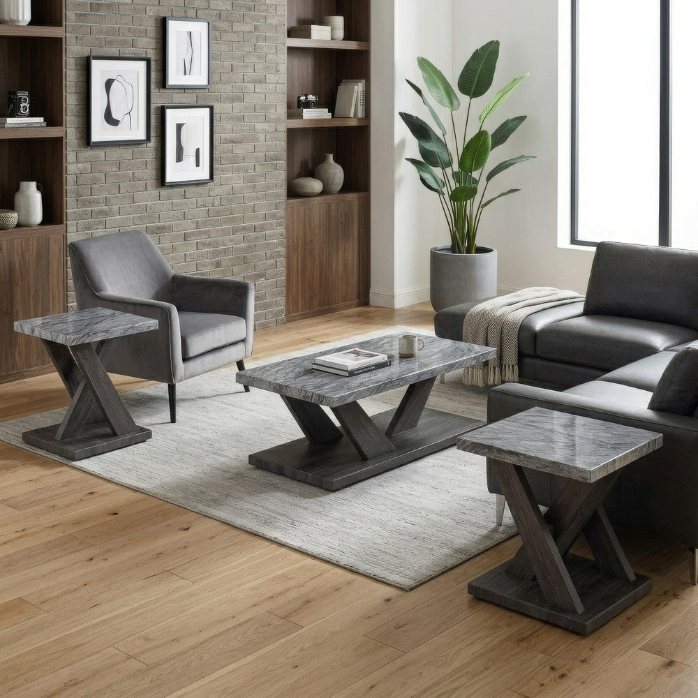 Brenda 3Pc Coffee Table Set with Casters, Faux Marble Top, Gray Wood