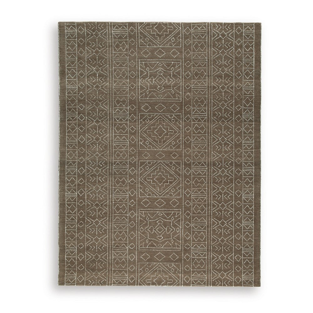 Amina Large Area Rug with Aztec-Inspired Pattern, Brown-Ivory Wool 8x10