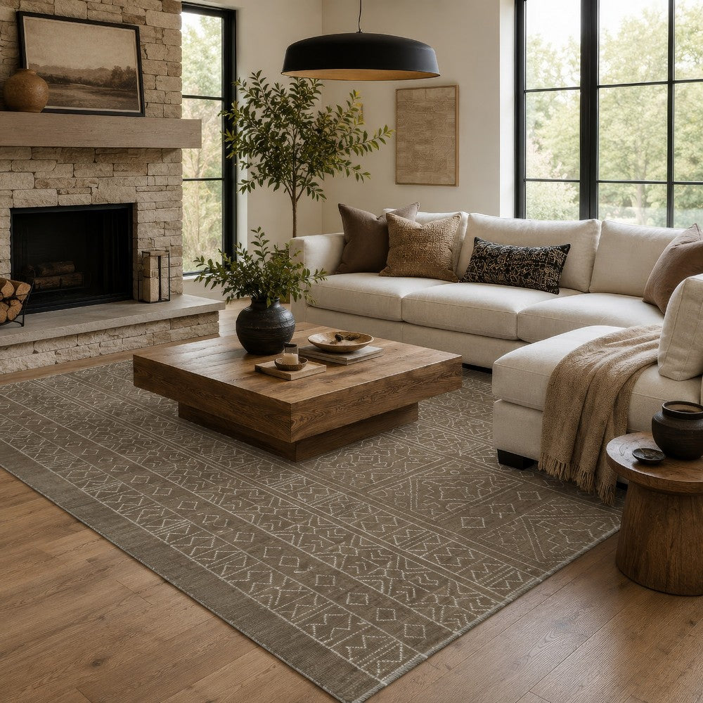 Amina Large Area Rug with Aztec-Inspired Pattern, Brown-Ivory Wool 8x10