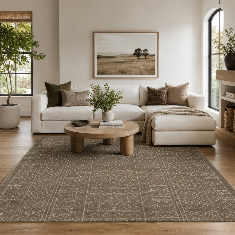 Amina Large Area Rug with Aztec-Inspired Pattern, Brown-Ivory Wool 8x10