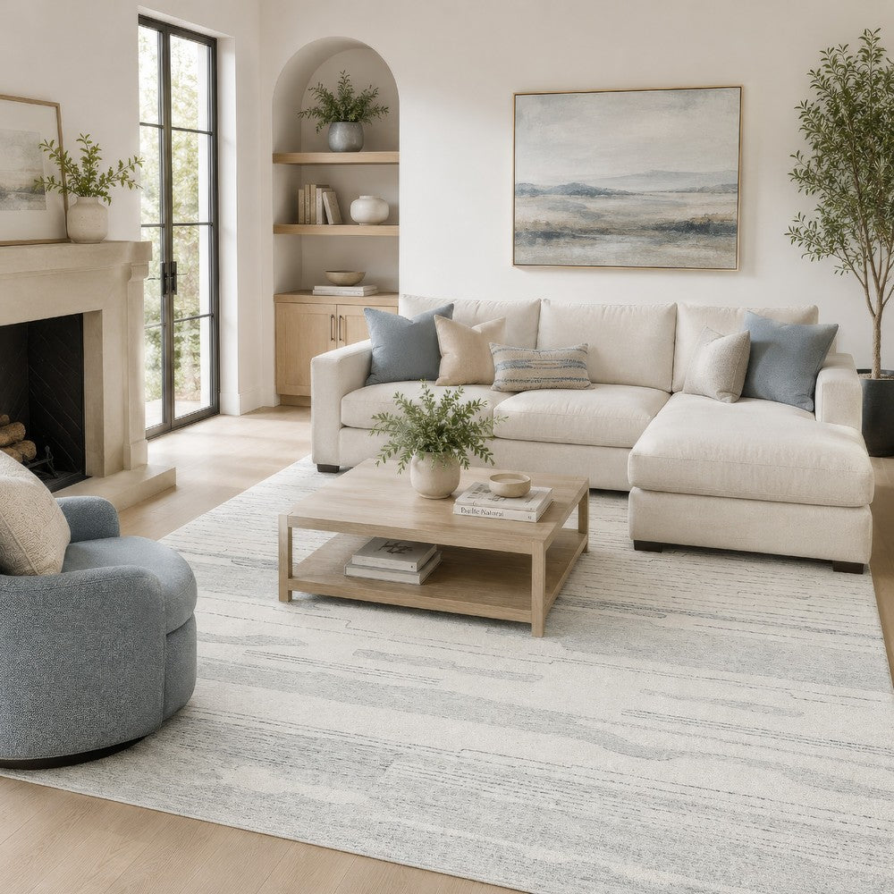 Genie Hand-Tufted Large Area Rug, Abstract Striped Patterns, Ivory Blue Wool 8x10