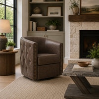 Amay Swivel Accent Chair, Barrel Design, Granite Tufted Faux Leather