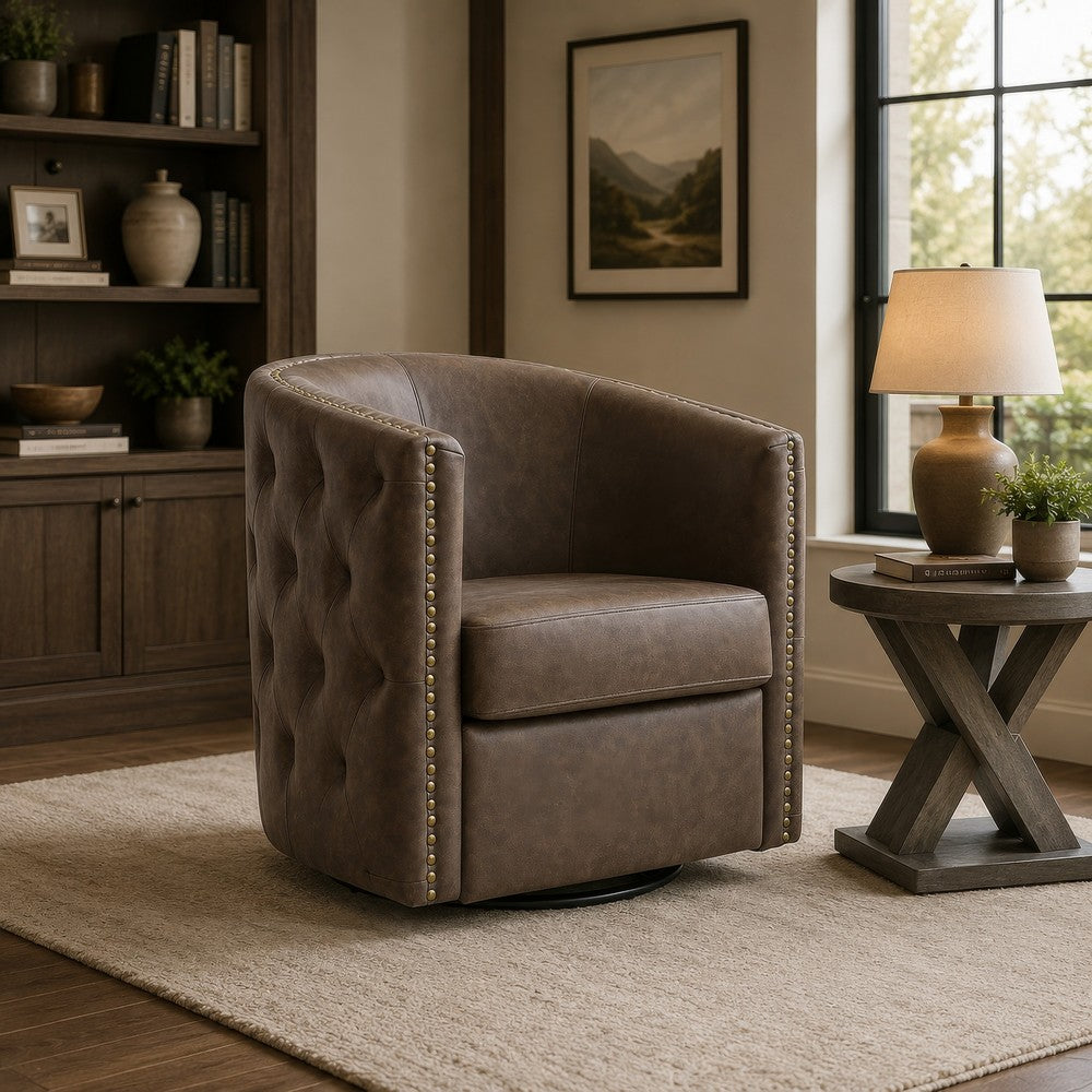 Amay Swivel Accent Chair, Barrel Design, Granite Tufted Faux Leather