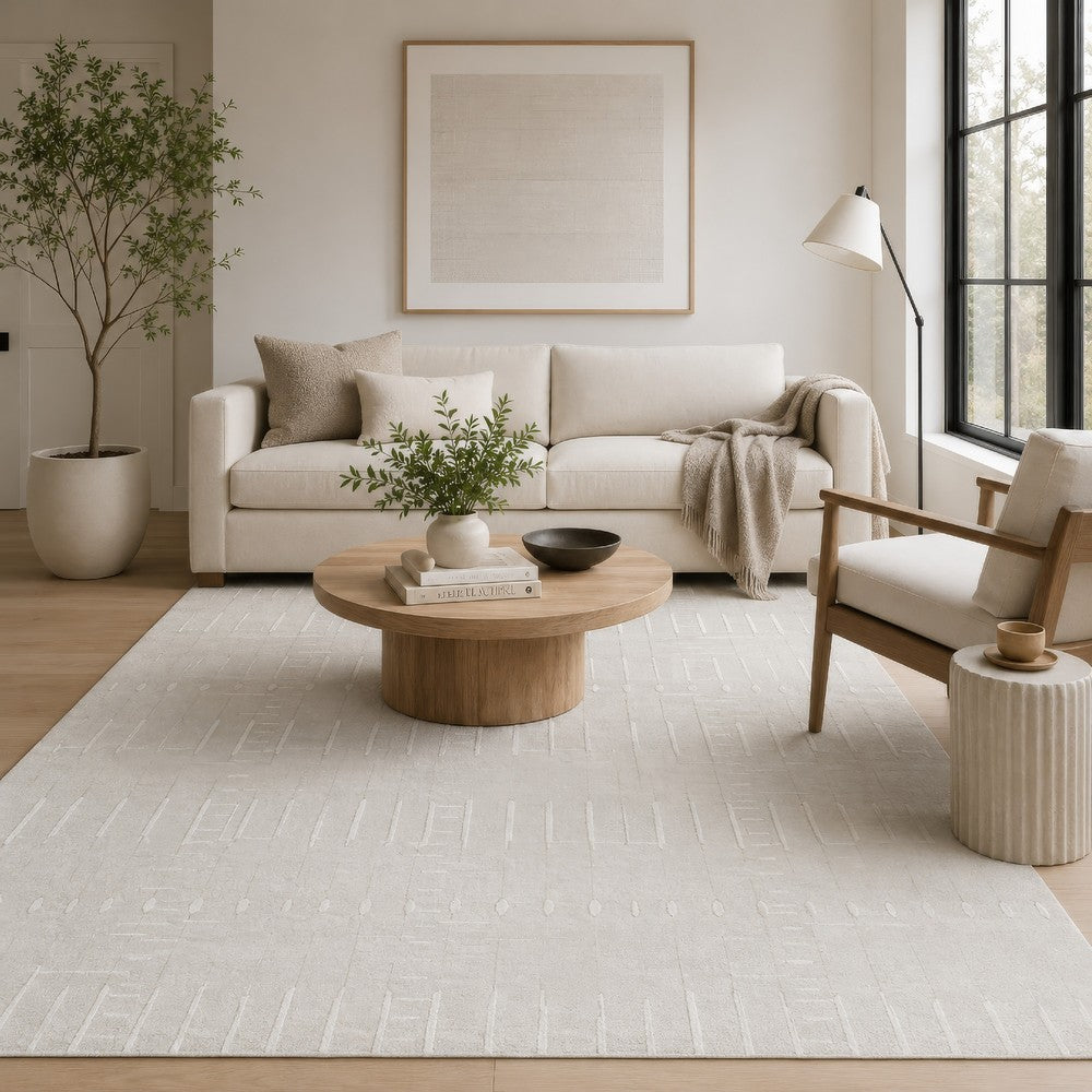 Berty Large Area Rug with Abstract Patterns, Tan-Ivory Hand-Tufted Wool 8x10