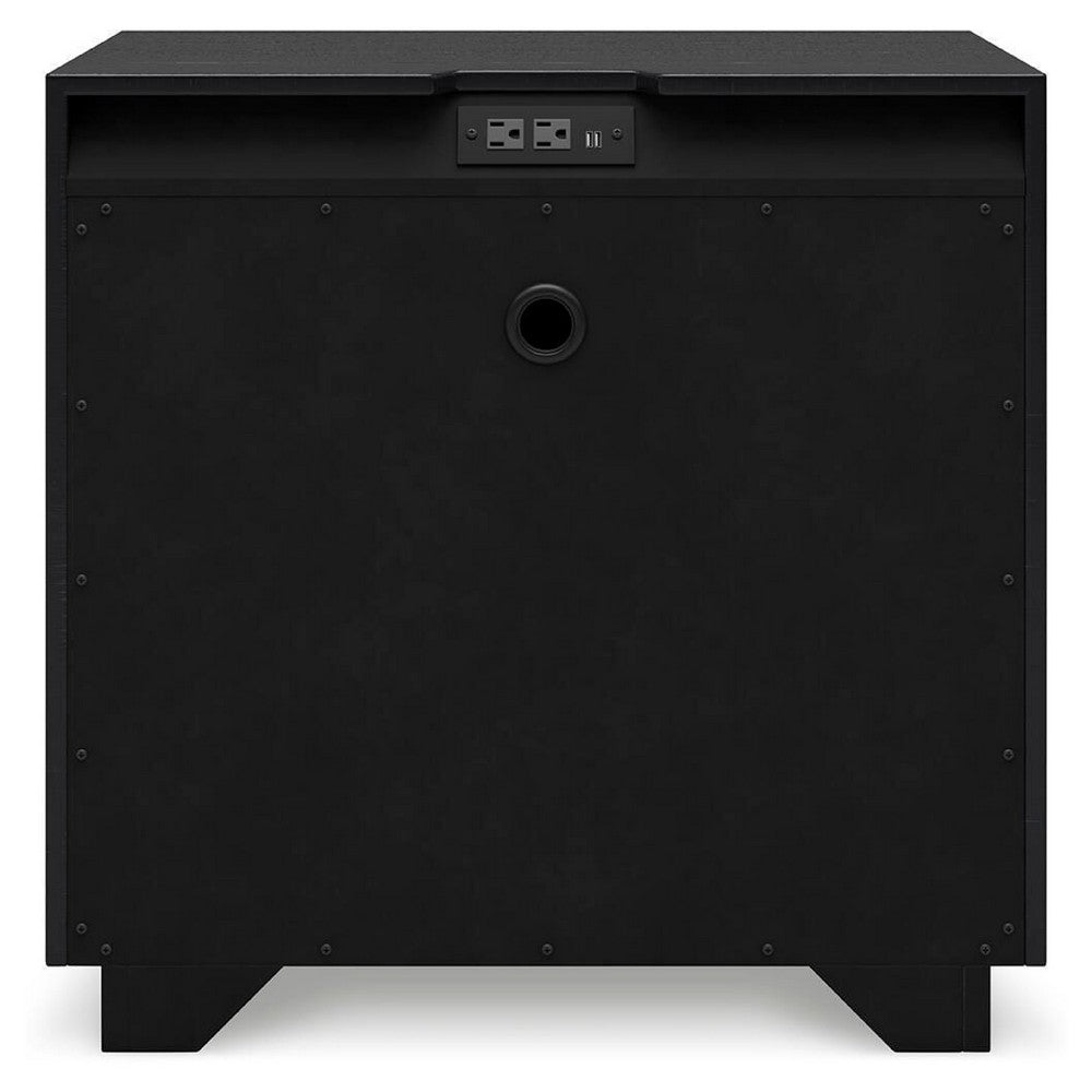 Deri Nightstand with USB Ports and Dual Drawers, Black Wood 27 Inch