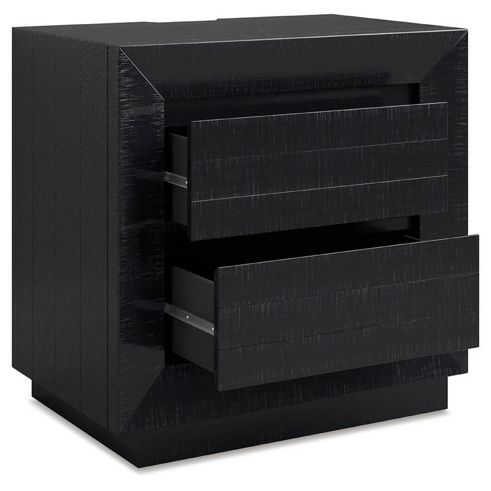 Deri Nightstand with USB Ports and Dual Drawers, Black Wood 27 Inch