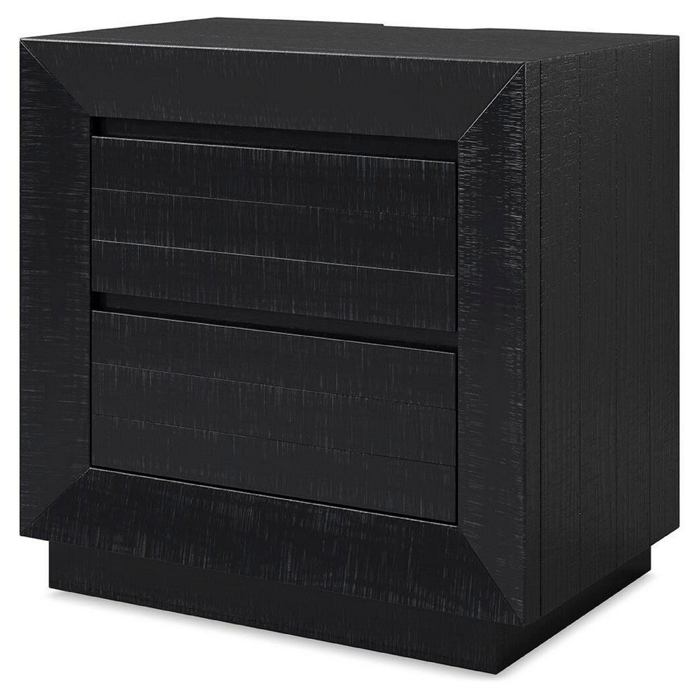 Deri Nightstand with USB Ports and Dual Drawers, Black Wood 27 Inch