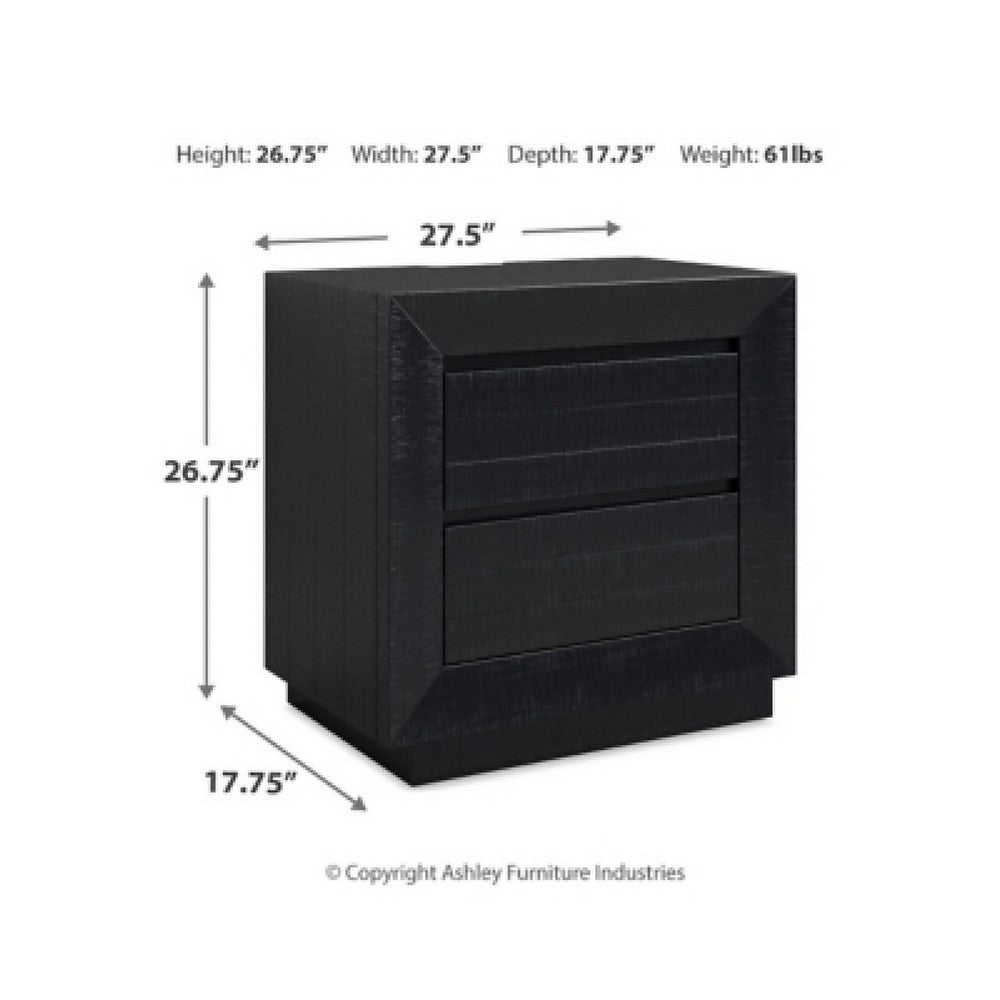 Deri Nightstand with USB Ports and Dual Drawers, Black Wood 27 Inch