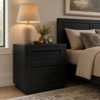 Deri Nightstand with USB Ports and Dual Drawers, Black Wood 27 Inch