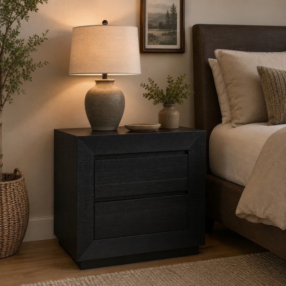 Deri Nightstand with USB Ports and Dual Drawers, Black Wood 27 Inch