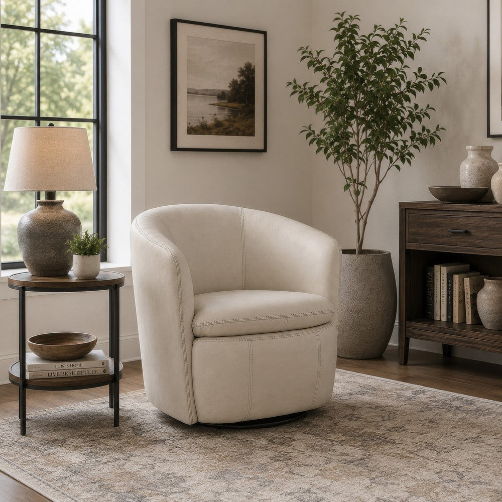 Niko Swivel Accent Chair with Barrel Back Design, Bone-White Leather