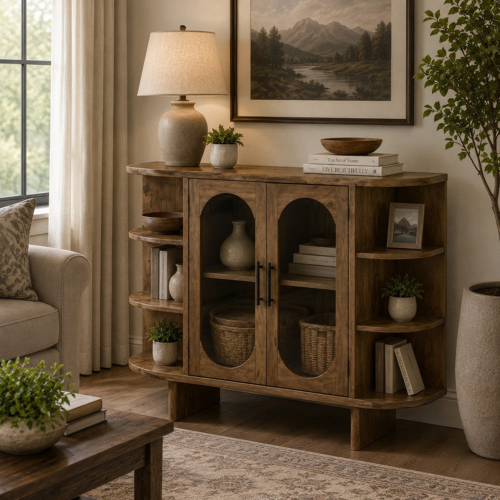 Nisa Accent Cabinet, 2 Glass Doors, Capsule Shelves, 40 Inch Light Brown