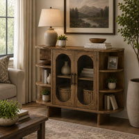 Nisa Accent Cabinet, 2 Glass Doors, Capsule Shelves, 40 Inch Light Brown