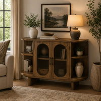 Nisa Accent Cabinet, 2 Glass Doors, Capsule Shelves, 40 Inch Light Brown