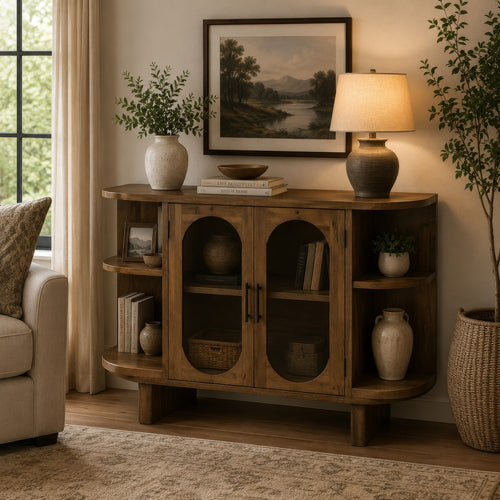 Nisa Accent Cabinet, 2 Glass Doors, Capsule Shelves, 40 Inch Light Brown