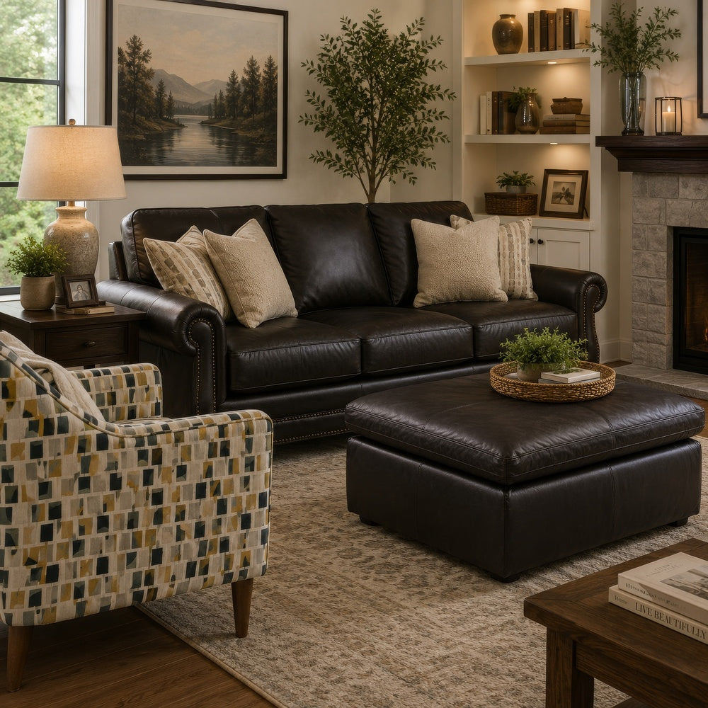 Emy Oversized Accent Ottoman, Black Top Grain Leather, 42 Inch -BM352986
