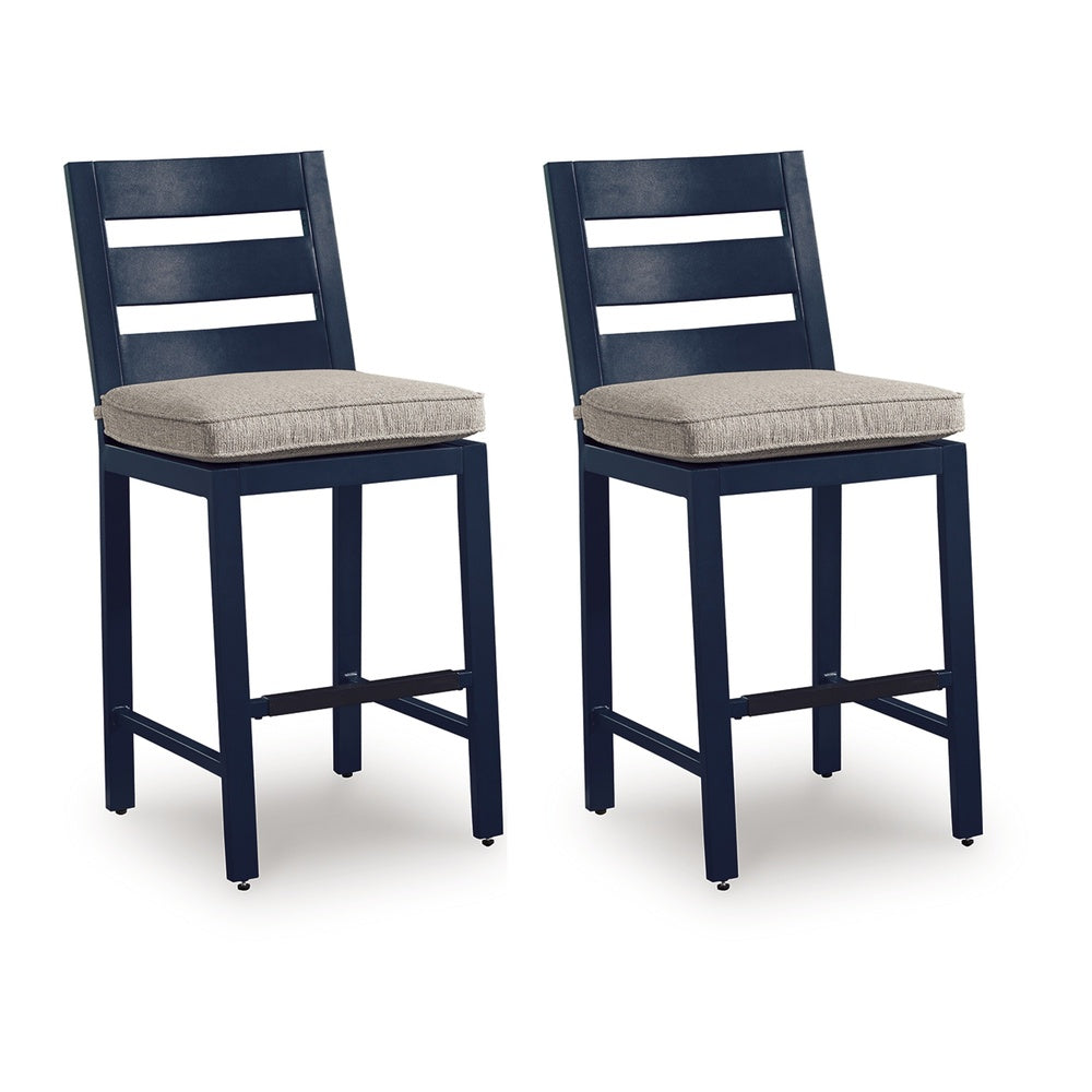 Eina Outdoor Barstool Chair Set of 2, Navy Blue Aluminum, Beige Cushion-BM352987