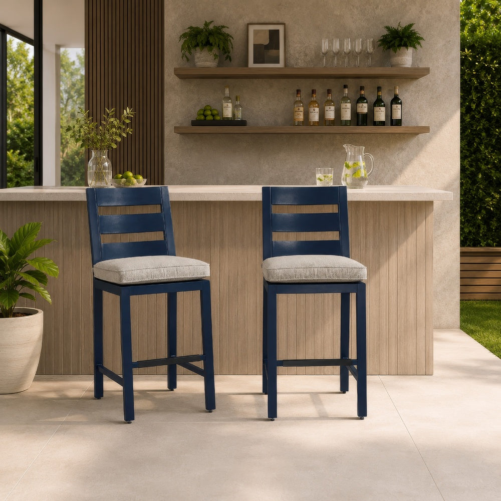 Eina Outdoor Barstool Chair Set of 2, Navy Blue Aluminum, Beige Cushion-BM352987