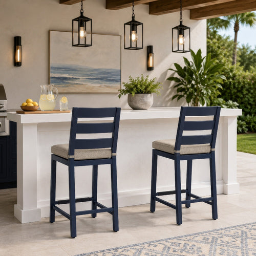 Eina Outdoor Barstool Chair Set of 2, Navy Blue Aluminum, Beige Cushion-BM352987