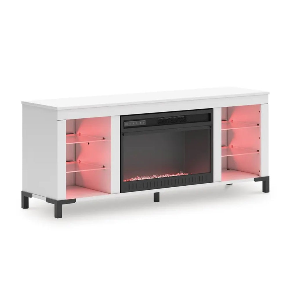 Levvy TV Stand Media Console, Electric Fireplace, Storage, White Wood 60 Inch-BM353006