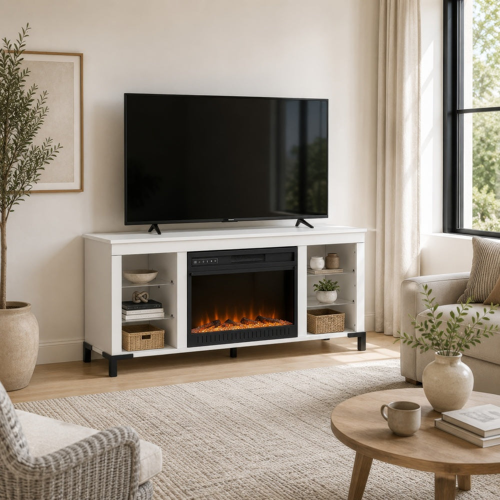Levvy TV Stand Media Console, Electric Fireplace, Storage, White Wood 60 Inch-BM353006